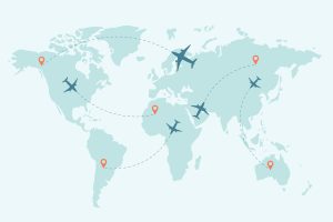 世界地図を飛び回る飛行機のイメージ